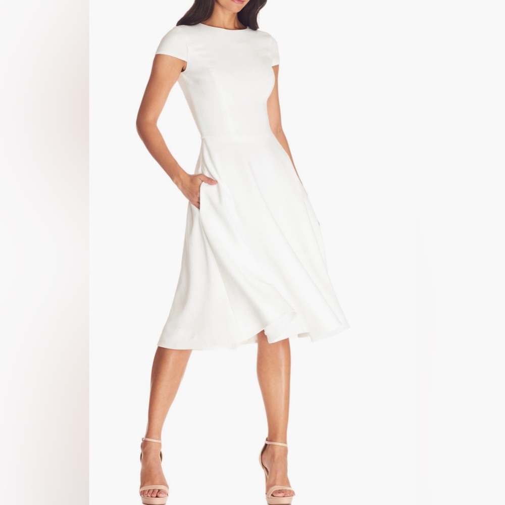 Dress the Population Livia fit-and-flare cocktail dress in ivory or off-white.